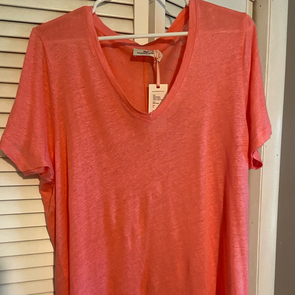 NWT Vineyard Vines Casual Knits Linen V-Neck Tee Neon Rosa XL Extra Large Womens